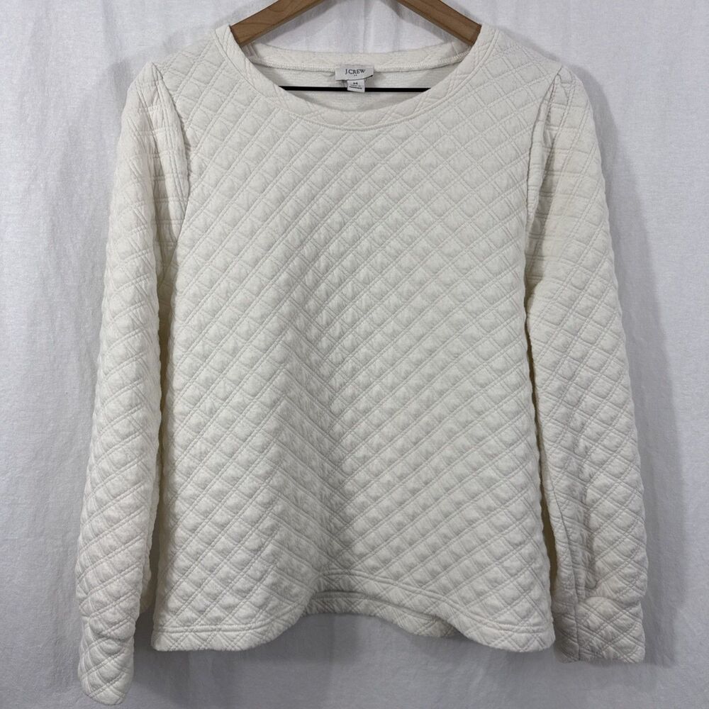 J. Crew Womens Sz M Puff Sleeve Quilted Pullover Sweatshirt Ivory Minimalist
